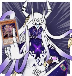 Rule 34 | 1girl, breasts, card, cleavage, crossover, dress, duel disk, duel monster, eldritch abomination, fire emblem, fire emblem heroes, ginnungagap (fire emblem), gloves, horns, looking at viewer, nintendo, one-eyed, selhelm, small breasts, solo, spiked gloves, tentacle hair, white dress, white eyes, white gloves, white hair, white mask, yu-gi-oh!
