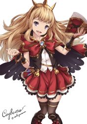 Rule 34 | 10s, 1girl, artist name, blonde hair, blush, book, cagliostro (granblue fantasy), character name, crown, granblue fantasy, long hair, looking at viewer, purple eyes, red skirt, sakiyamama, simple background, skirt, smile, solo, thighhighs, twitter username, white background