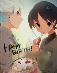 Rule 34 | 2boys, apron, bad id, bad pixiv id, blue hair, blueberry, cake, censored, english text, engrish text, food, fork, fruit, gradient background, hair ornament, hakuryuu (inazuma eleven), happy birthday, inazuma eleven (series), inazuma eleven go, long hair, male focus, multicolored hair, multiple boys, plate, polka dot, ponytail, ranguage, raspberry, red eyes, rococolove, short hair, shuu (inazuma eleven), strawberry, two-tone hair, utensil in mouth, whisk, white hair