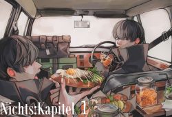 Rule 34 | 2boys, absurdres, avocado, black coat, black hair, car interior, coat, commentary request, cup, drinking, drinking glass, drinking straw, eating, egg (food), fatalbug896, food, food focus, fruit, german text, grey eyes, high collar, highres, holding, holding food, jar, lemonade, lettuce, looking at food, looking at viewer, looking away, male focus, meat, multiple boys, open mouth, orange (fruit), orange slice, original, profile, rear-view mirror, sandwich, seatbelt, short hair, sitting, steering wheel, suitcase, sunny side up egg, tomato, tomato slice, translated, turtleneck, upper body