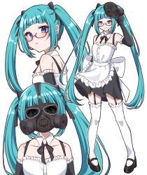 Rule 34 | 1girl, alternate costume, aqua eyes, aqua hair, bare shoulders, bespectacled, black sleeves, blue eyes, bow, detached sleeves, earrings, enmaided, frilled thighhighs, frills, garter straps, gas mask, glasses, hatsune miku, highres, jewelry, long hair, looking at viewer, maid, mask, mask on head, mirumiru (miru36i), sleeveless, smile, solo, thighhighs, twintails, very long hair, vocaloid, white background, white bow