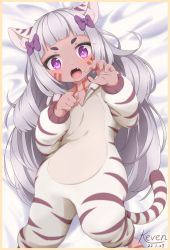 Rule 34 | 1girl, animal costume, animal ear fluff, animal ears, animal print, arm up, artist name, barefoot, bow, child, chinese zodiac, claw pose, dark-skinned female, dark skin, eyebrows, fang, hair bow, happy new year, highres, keven (ewdx3754), long hair, looking at viewer, lying, new year, on back, onesie, open mouth, pink eyes, ribbon, silver hair, solo, tail, tiger costume, tiger ears, tiger girl, tiger print, tiger tail, tower of saviors, white tiger print, year of the tiger