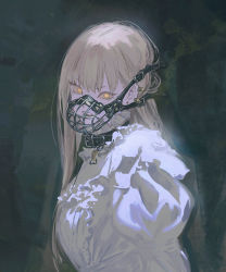 Rule 34 | 1girl, black background, blonde hair, bone, breasts, collar, commentary, earrings, english commentary, eyelashes, fangs, frilled shirt collar, frills, from side, glowing, glowing eyes, guideau, hair behind ear, huangdanlan, jewelry, juliet sleeves, long hair, long sleeves, looking at viewer, looking to the side, majo to yajuu, messy hair, mixed-language commentary, multiple earrings, muzzle, open mouth, pet play, portrait, puffy sleeves, shirt, simple background, slit pupils, solo, stud earrings, upper body, white shirt, yellow eyes