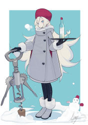 Rule 34 | 1girl, absurdres, alcohol, black gloves, black pants, blue eyes, boots, bottle, coat, commentary request, corkscrew, cup, drinking glass, earrings, fami (yellow skies), full body, fur-trimmed boots, fur-trimmed collar, fur-trimmed sleeves, fur hat, fur trim, gloves, grey coat, hat, highres, holding, holding tray, jewelry, long coat, long hair, long sleeves, original, pants, red hat, snow, snowman, solo, standing, tray, ushanka, very long hair, vodka, white hair
