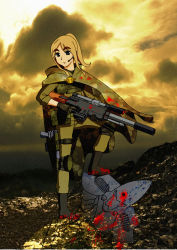 Rule 34 | 1girl, bad id, bad pixiv id, blood, blue eyes, brown hair, bullet hole, cloak, cloud, crossover, eldar, eyebrows, gun, headset, headshot, highres, holster, astra militarum, k-on!, knee pads, kotobuki tsumugi, laspistol, ponytail, rifle, scope, sniper rifle, tanith first and only, thick eyebrows, thigh holster, trigger discipline, unknownid, warhammer 40k, weapon