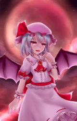 Rule 34 | 1girl, absurdres, ascot, bat wings, blue hair, bow, brooch, dior-zi, fang, full moon, hand up, hat, hat ribbon, highres, jewelry, looking at viewer, mob cap, moon, open mouth, outdoors, red eyes, red moon, remilia scarlet, ribbon, short hair, short sleeves, skirt, skirt set, solo, star (sky), touhou, wings, wrist cuffs