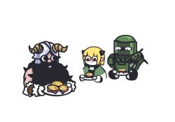 Rule 34 | 1boy, 1girl, arknights, beard, character request, cropped torso, crossover, deformed, dungeon meshi, dwarf, facial hair, fake horns, helmet, holding, holding plate, horned helmet, horns, kotcate, long beard, looking at another, mustache, plate, senshi (dungeon meshi), solid circle eyes, surprised, thick mustache, very long beard, white background, wide-eyed