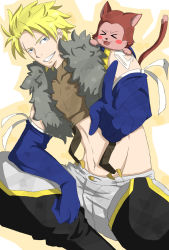 Rule 34 | 1boy, blonde hair, blue eyes, cat, fairy tail, gloves, lector (fairy tail), short hair, smile, spiked hair, sting eucliffe, tattoo