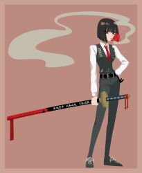 Rule 34 | 1girl, alternate hair color, black footwear, black hair, black pants, cigarette, colored inner hair, commentary, full body, highres, holding, holding sword, holding weapon, katana, limbus company, looking at viewer, multicolored hair, no 710, no lineart, nose pinch, ootachi, pants, pink background, project moon, red eyes, red hair, ryoshu (project moon), sheath, sheathed, shoes, short hair, simple background, smoke, smoking, solo, standing, sword, weapon