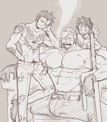 Rule 34 | 3boys, abs, absurdres, armpit hair, armpit hair peek, bara, blush, brown theme, denim, elbow rest, eye contact, facial hair, goatee, hand under clothes, hatching (texture), highres, jeans, large pectorals, looking at another, m cwfe, male focus, mature male, medium sideburns, monkey d. luffy, monochrome, multiple boys, muscular, muscular male, nipples, one piece, pants, pectorals, planted, scar, scar on face, scar on forehead, short hair, sideburns stubble, size difference, smirk, smoke, smoker (one piece), sparse stubble, spread legs, stitches, strongman waist, stubble, toned, toned male, topless male, trafalgar law, tsurime, unfinished, white hair, yaoi