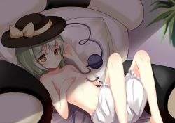 Rule 34 | 1girl, :o, absurdres, anhao, armchair, bad id, bad pixiv id, barefoot, bloomers, breasts, chair, covering privates, covering breasts, eyeball, eyebrows, green eyes, green hair, hand on breast, hand on own chest, hand up, hat, hat ribbon, highres, knees up, komeiji koishi, looking at viewer, lying, matching hair/eyes, on back, open mouth, partially undressed, pillow, plant, ribbon, short hair, small breasts, solo, string, third eye, topless, touhou, underwear, underwear only, white bloomers