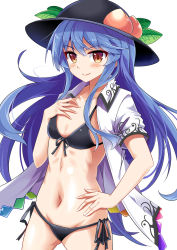 Rule 34 | &gt;:), 1girl, bikini, black bikini, black ribbon, blue hair, blush, closed mouth, collarbone, collared shirt, cowboy shot, e.o., eyebrows, flat chest, food, front-tie bikini top, front-tie top, fruit, hand on own chest, hat ornament, highres, hinanawi tenshi, leaf, long hair, looking at viewer, navel, open clothes, open shirt, peach, rainbow order, red eyes, ribbon, shirt, short sleeves, side-tie bikini bottom, sidelocks, simple background, solo, standing, stomach, swimsuit, thighs, touhou, tsurime, v-shaped eyebrows, white background, white shirt
