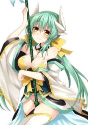 Rule 34 | 1girl, aqua hair, bare shoulders, between breasts, between legs, bikini, bikini under clothes, blush, breasts, fate/grand order, fate (series), hair between eyes, hair ribbon, horns, japanese clothes, kimono, kiyohime (fate), kiyohime (fate/grand order), kiyohime (swimsuit lancer) (fate), kiyohime (swimsuit lancer) (first ascension) (fate), komori kuzuyu, long hair, looking at viewer, ponytail, ribbon, smile, solo, swimsuit, thighhighs, white thighhighs, wide sleeves, yellow eyes