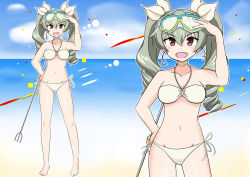 Rule 34 | 10s, 1girl, anchovy (girls und panzer), barefoot, beach, bikini, blue sky, blush, breasts, curvy, day, diving mask, diving mask on head, drill hair, eyewear on head, female focus, full body, girls und panzer, goggles, goggles on head, hair ornament, hair ribbon, hand on own hip, happy, large breasts, polearm, red eyes, ribbon, rokkaku denpa, sky, solo, standing, swimsuit, thong, thong bikini, trident, twintails, v-shaped eyebrows, weapon, white bikini, wide hips, zoom layer