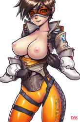 Rule 34 | 1girl, bodysuit, breasts, breasts out, brown hair, cameltoe, genkai zero, gloves, goggles, jacket, large breasts, looking at viewer, nipples, overwatch, overwatch 1, parted lips, shiny skin, short hair, simple background, skin tight, skindentation, smile, solo, thighs, tracer (overwatch), undressing, unzipped, white background