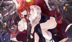 Rule 34 | 1girl, absurdres, bare shoulders, black dress, braid, braided ponytail, breasts, chainsaw man, cleavage, dolla (dark rose) (nikke), dolla (nikke), dress, goddess of victory: nikke, highres, large breasts, long hair, looking at viewer, makima (chainsaw man), red hair, ringed eyes, sidelocks, sitting, smile, solo, thighs, vardan, yellow eyes