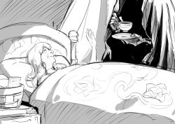 Rule 34 | 1boy, 1girl, asutora, bed, cloak, commentary request, cup, curtains, death (entity), drawer, closed eyes, facing another, floral print, greyscale, grim reaper, hand up, holding, holding cup, holding plate, indoors, long hair, lying, monochrome, old, old woman, on back, original, plate, skeleton, smile, teacup