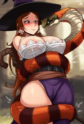 Rule 34 | 1girl, absurdres, artist name, bare shoulders, breasts, brown hair, cleft of venus, coiled, constriction, detached sleeves, dragon&#039;s crown, dress, hat, highres, jmg, large breasts, long hair, monster, nipples, no bra, no panties, restrained, snake, snake bondage, solo, sorceress (dragon&#039;s crown), witch hat
