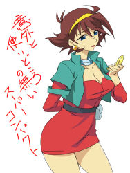 Rule 34 | 1girl, arm behind back, belt, blue eyes, breasts, brown hair, cleavage, collarbone, compact (cosmetics), cowboy shot, cropped jacket, dress, earrings, g gundam, gundam, hairband, jewelry, legs, lipstick, makeup, medium breasts, michael f91, neck ring, necklace, rain mikamura, shirt, short dress, simple background, solo, taut clothes, taut shirt, thighs, translation request