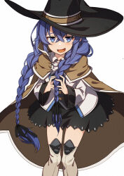 Rule 34 | 1girl, black bow, black hat, black skirt, blue eyes, blue hair, blush, boots, bow, braid, brown cape, cape, cluseller, crossed bangs, hair between eyes, hair bow, hat, knee boots, looking at viewer, mushoku tensei, nervous smile, open mouth, roxy migurdia, simple background, skirt, smile, solo, twin braids, white background, witch hat