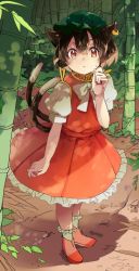 Rule 34 | 1girl, :&lt;, animal ears, bad id, bad twitter id, brown eyes, brown hair, cat ears, cat tail, chen, dress, earrings, green hat, hat, jewelry, mob cap, multiple tails, nekomata, red dress, short hair, short sleeves, single earring, solo, surumeri (baneiro), sweat, tail, touhou, two tails