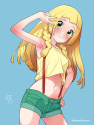 Rule 34 | 1girl, aqua background, bare arms, blonde hair, blush, braid, closed mouth, commentary request, cosplay, cowboy shot, creatures (company), eyelashes, game freak, green eyes, green shorts, hand up, highres, kinocopro, lillie (pokemon), long hair, misty (pokemon) (cosplay), navel, nintendo, pokemon, pokemon (anime), pokemon sm (anime), shirt, short shorts, shorts, sleeveless, sleeveless shirt, solo, suspenders, twin braids, twitter username, v, watermark, yellow shirt