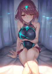 Rule 34 | 1girl, bad hands, blush, breasts, competition swimsuit, earrings, highres, inoue takuya (tactactak), jewelry, large breasts, looking at viewer, nintendo, one-piece swimsuit, pyra (pro swimmer) (xenoblade), pyra (xenoblade), red eyes, red hair, short hair, simple background, smile, solo, swimsuit, tiara, water, white background, xenoblade chronicles (series), xenoblade chronicles 2