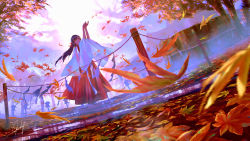 Rule 34 | 1girl, arms up, autumn, autumn leaves, backlighting, black hair, bow, commentary request, day, dutch angle, falling leaves, full body, goroku, green eyes, hair bow, hakama, hakama skirt, highres, japanese clothes, kimono, leaf, long hair, long sleeves, maple leaf, miko, motion blur, open mouth, original, outdoors, puddle, red bow, red hakama, rope, signature, skirt, solo, standing, stone lantern, tree, white kimono, wide sleeves