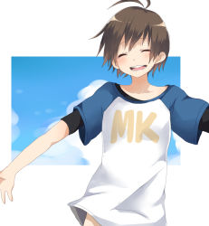 Rule 34 | 1girl, androgynous, bad id, bad pixiv id, brown hair, closed eyes, flat chest, idolmaster, idolmaster (classic), kikuchi makoto, outstretched arms, pun2, raglan sleeves, reverse trap, short hair, solo, spread arms