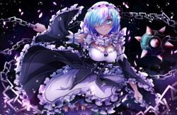 Rule 34 | 10s, 1girl, absurdres, blue hair, breasts, bubble, chain, cherry blossoms, cleavage, cowboy shot, detached sleeves, dress, hair over one eye, head wreath, highres, holding, holding weapon, invidiata, maid, medium breasts, re:zero kara hajimeru isekai seikatsu, rem (re:zero), ribbon-trimmed sleeves, ribbon trim, short hair, smile, solo, standing, thighhighs, weapon