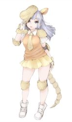 Rule 34 | 10s, 1girl, armadillo ears, armadillo tail, black eyes, black hair, blunt bangs, elbow pads, extra ears, full body, giant armadillo (kemono friends), hat, ise (0425), kemono friends, knee pads, long hair, miniskirt, necktie, open mouth, orange vest, pleated skirt, shoulder pads, simple background, skirt, solo, teeth, vest, white background, wrist guards, yellow skirt