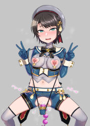 Rule 34 | 1girl, :d, absurdres, aqua eyes, belt, beret, black hair, blue gloves, blue panties, blush, braid, breasts, censored, condom, crotch cutout, dildo, double v, gloves, gozaru, grey thighhighs, hat, heart, heart censor, highres, hololive, looking at viewer, medium breasts, navel, nipple cutout, nipple piercing, nipples, object insertion, oozora subaru, open mouth, panties, piercing, sailor collar, sex toy, short hair, shorts, smile, solo, spread legs, sweat, thighhighs, underwear, used condom, v, vaginal, vaginal object insertion, virtual youtuber