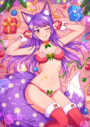 Rule 34 | 1girl, ;q, animal ear fluff, animal ears, artist name, bed sheet, bell, bow, bow bra, bow panties, box, bra, breasts, burbur, candy, candy cane, choker, christmas, christmas ornaments, commentary, english commentary, fingerless gloves, food, fox ears, fox girl, fox tail, fur-trimmed legwear, fur-trimmed skirt, fur trim, gift, gift box, gloves, groin, hair spread out, hands up, highres, jingle bell, long hair, looking at viewer, lying, medium breasts, mixed-language commentary, nail polish, navel, neck bell, on back, one eye closed, original, panties, paw pose, purple eyes, purple hair, purple nails, red bra, red gloves, red panties, red thighhighs, ribbon, santa costume, skirt, smile, snowflakes, solo, tail, teeth, thighhighs, tongue, tongue out, underwear, underwear only, upper teeth only, watermark