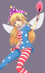Rule 34 | 1girl, american flag, american flag legwear, american flag print, american flag shirt, blonde hair, breasts, clownpiece, fairy wings, feet out of frame, frilled shirt collar, frills, grey background, hat, highres, holding, holding torch, jester cap, kakone, long hair, neck ruff, one-hour drawing challenge, open mouth, pantyhose, polka dot, polka dot headwear, print shirt, purple hat, red eyes, shirt, short sleeves, simple background, small breasts, smile, solo, star (symbol), star print, striped clothes, striped pantyhose, striped shirt, torch, touhou, wings