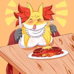 Rule 34 | 1girl, breasts, creatures (company), delphox, closed eyes, food, food focus, fork, furry, furry female, game freak, gen 6 pokemon, grape jelly (artist), knife, large breasts, nintendo, no humans, open mouth, pokemon, pokemon (creature), solo