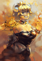 Rule 34 | 1girl, bare shoulders, black dress, blonde hair, bowsette, bracelet, breasts, cleavage, clenched hand, collar, commentary, crown, dress, earrings, english commentary, flaming hand, grey eyes, highres, horns, idk-kun, jewelry, large breasts, looking at viewer, mario (series), new super mario bros. u deluxe, nintendo, ponytail, sharp teeth, smile, solo, spiked bracelet, spiked collar, spikes, standing, super crown, teeth, upper body