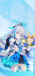 Rule 34 | 1girl, armor, bare shoulders, blue flower, blue theme, bouquet, breasts, bronya zaychik, bronya zaychik (herrscher of truth), candy, character name, chinese commentary, closed mouth, colored inner hair, crossed bangs, crown, dated commentary, drill hair, flower, food, grey eyes, grey hair, halo, happy birthday, high ponytail, highres, holding, holding bouquet, holding candy, holding food, homu (honkai impact), honkai (series), honkai impact 3rd, long hair, looking at viewer, multicolored hair, official art, official wallpaper, open hand, ponytail, single drill, small breasts, smile, solo, streaked hair, thighhighs, upper body, white armor, white thighhighs, yellow flower