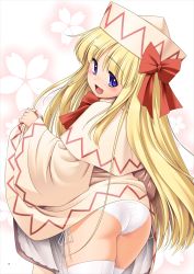 Rule 34 | absurdres, ass, blonde hair, blue eyes, capelet, clothes lift, dress, dress lift, from behind, hat, highres, lifted by self, lily white, long hair, long sleeves, looking at viewer, looking back, page number, panties, side-tie panties, smile, solo, thighhighs, tomoki tomonori, touhou, underwear, very long hair, white dress, white hat, white panties, white thighhighs, wide sleeves