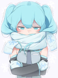 Rule 34 | 1girl, abmayo, black sleeves, blue eyes, blue gloves, blue scarf, blush, breast pocket, breasts, cold, covered mouth, crossed arms, detached sleeves, enpera, gloves, green eyes, green hair, green necktie, grey shirt, hair between eyes, hatsune miku, highres, long hair, medium breasts, necktie, pocket, scarf, scarf over mouth, shirt, sleeveless, sleeveless shirt, snowflake print, solo, trembling, twintails, upper body, vocaloid, white gloves