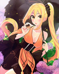 Rule 34 | 1girl, absurdres, bad id, bad pixiv id, bare shoulders, black skirt, blonde hair, blush, breasts, cleavage, collarbone, cookie, cowboy shot, detached sleeves, dress, flower, food, forever 7th capital, hair between eyes, highres, holding, holding cookie, holding food, holding umbrella, hydrangea, large breasts, long hair, official art, open mouth, orange dress, parasol, ponytail, scrunchie, skirt, solo, umbrella, underbust, very long hair, wenquangua, wide sleeves, yellow eyes