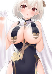 Rule 34 | 1girl, :o, azur lane, bare shoulders, blush, breast curtains, breasts, china dress, chinese clothes, cleavage, commentary, covered navel, cowboy shot, dress, flower, garter straps, gloves, grey dress, hair between eyes, hair flower, hair ornament, half gloves, hand on own chest, hand up, head tilt, highres, large breasts, looking at viewer, neckwear between breasts, official alternate costume, onabe no shime, pelvic curtain, red eyes, revealing clothes, see-through, short hair, side slit, sidelocks, simple background, sirius (azur lane), sirius (azure horizons) (azur lane), solo, standing, white background, white gloves, white hair