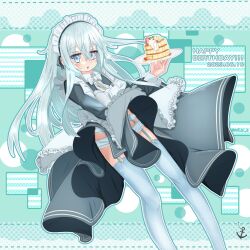 Rule 34 | apron, artist request, blue eyes, dated, food, garter belt, garter straps, happy birthday, hibiki (kancolle), highres, kantai collection, long hair, maid, maid apron, maid headdress, panties, thighhighs, underwear, waffle, white hair, white panties, white thighhighs