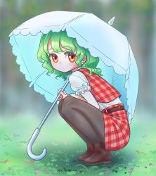 Rule 34 | 1girl, ankle boots, belt, black pantyhose, blurry, blurry background, boots, brown belt, brown footwear, closed mouth, depth of field, expressionless, frilled sleeves, frills, from side, full body, grass, green hair, hand up, highres, holding, holding umbrella, kazami yuuka, legs together, looking at viewer, looking to the side, medium hair, miniskirt, outdoors, pantyhose, parasol, plaid, plaid skirt, plaid vest, puffy short sleeves, puffy sleeves, red eyes, red skirt, red vest, s-a-murai, shirt, shirt tucked in, short sleeves, skirt, skirt set, solo, squatting, tareme, touhou, umbrella, vest, vignetting, wavy hair, white shirt, white umbrella