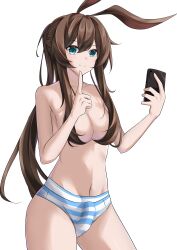 Rule 34 | 1futa, absurdres, amiya (arknights), animal ears, arknights, blue eyes, breasts, brown hair, bulge, cellphone, commentary, cowboy shot, erection, erection under clothes, futanari, hair censor, hands up, highres, holding, holding phone, long hair, looking at viewer, medium breasts, navel, panties, pengzlp, phone, rabbit ears, smartphone, smile, solo, standing, stomach, striped clothes, striped panties, thighs, topless, underwear, very long hair