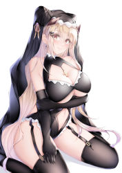 Rule 34 | 1921494015, 1girl, absurdres, arm under breasts, bare shoulders, black gloves, black headwear, black thighhighs, blonde hair, breasts, cleavage, closed mouth, clothing cutout, elbow gloves, gloves, hair ornament, highres, horns, large breasts, long hair, looking at viewer, navel, navel cutout, nun, original, red eyes, simple background, sitting, smile, solo, thighhighs, thighs, wariza, white background