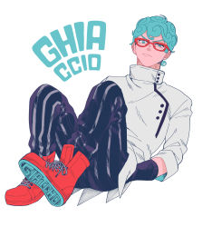 Rule 34 | 1boy, blue hair, curly hair, ghiaccio, glasses, hands in pockets, highres, jojo no kimyou na bouken, pants, red-framed eyewear, red footwear, setsunano, shoes, sneakers, solo, striped clothes, striped pants, vento aureo, vertical-striped clothes, vertical-striped pants