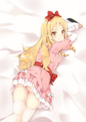 Rule 34 | 10s, 1girl, ass, blonde hair, bow, brown eyes, dress, drill hair, eromanga sensei, hair bow, hairband, hentai kuwa, highres, lolita fashion, long hair, looking at viewer, looking back, lying, on stomach, pink dress, pointy ears, pot, red bow, sash, solo, thighhighs, twin drills, white thighhighs, yamada elf