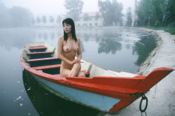 Rule 34 | 1girl, asian, black hair, boat, breasts, fog, highres, lake, long hair, medium breasts, meme, nice boat (meme), nipples, nude, photo (medium), solo, watercraft