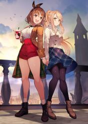 Rule 34 | 2girls, alternate costume, alternate hairstyle, atelier (series), atelier ryza, atelier ryza 1, back-to-back, bird, braid, breasts, brown eyes, brown hair, cityscape, contemporary, cup, hair ribbon, high collar, highres, holding hands, iced coffee, klaudia valentz, large breasts, legs, long coat, long hair, multiple girls, open mouth, ponytail, railing, red shorts, reisalin stout, ribbon, shorts, skirt, sky, smile, socks, standing, textless version, thick thighs, thighhighs, thighs, toridamono, tower