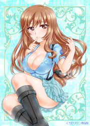 Rule 34 | 1girl, alternate costume, aoshidan (emblem), aoshidan school uniform, artist name, black footwear, black socks, blue shirt, boots, breasts, cleavage, collared shirt, commentary request, finger to mouth, frilled skirt, frills, girls und panzer, green skirt, hand in own hair, invisible chair, kuromori yako, large breasts, looking at viewer, mature female, partial commentary, pleated skirt, school uniform, shimada chiyo, shirt, short sleeves, sitting, skirt, socks, solo, suspenders